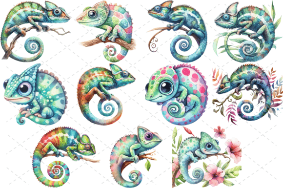 11 Watercolor Chameleon Clipart Bundle