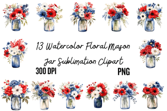 Floral Mason Jar Sublimation Clipart