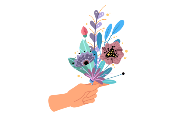 Hands Holding Bouquet. Colorful Floral B