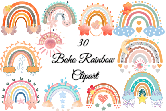 Watercolor Boho Rainbow Clipart Bundle